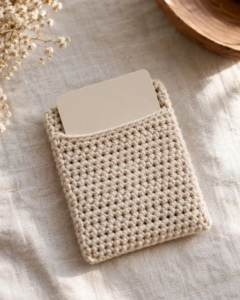 Simple Single-Crochet Gift Card Sleeve: A simple oat-colored rectangular sleeve with crisp single-crochet stitch rows and a blank gift card partially visible
