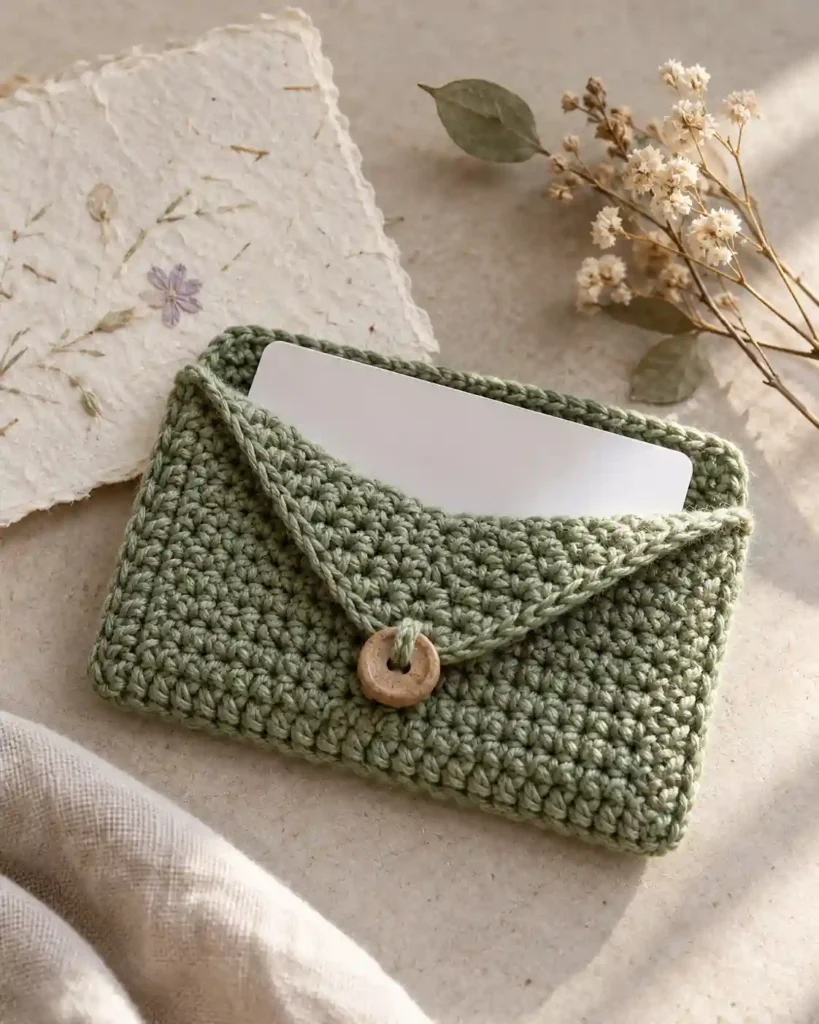 Fold-Over Crochet Envelope Holder: A folded sage-green crochet envelope with a triangle flap and a gift card tucked inside