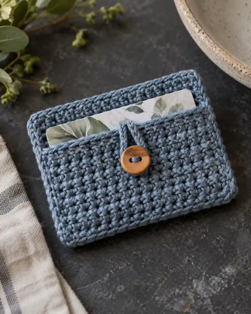 Button-Closure Crochet Gift Card Pocket: A dusty-blue pocket with one wood button and secure loop, a neutral gift card slightly showing