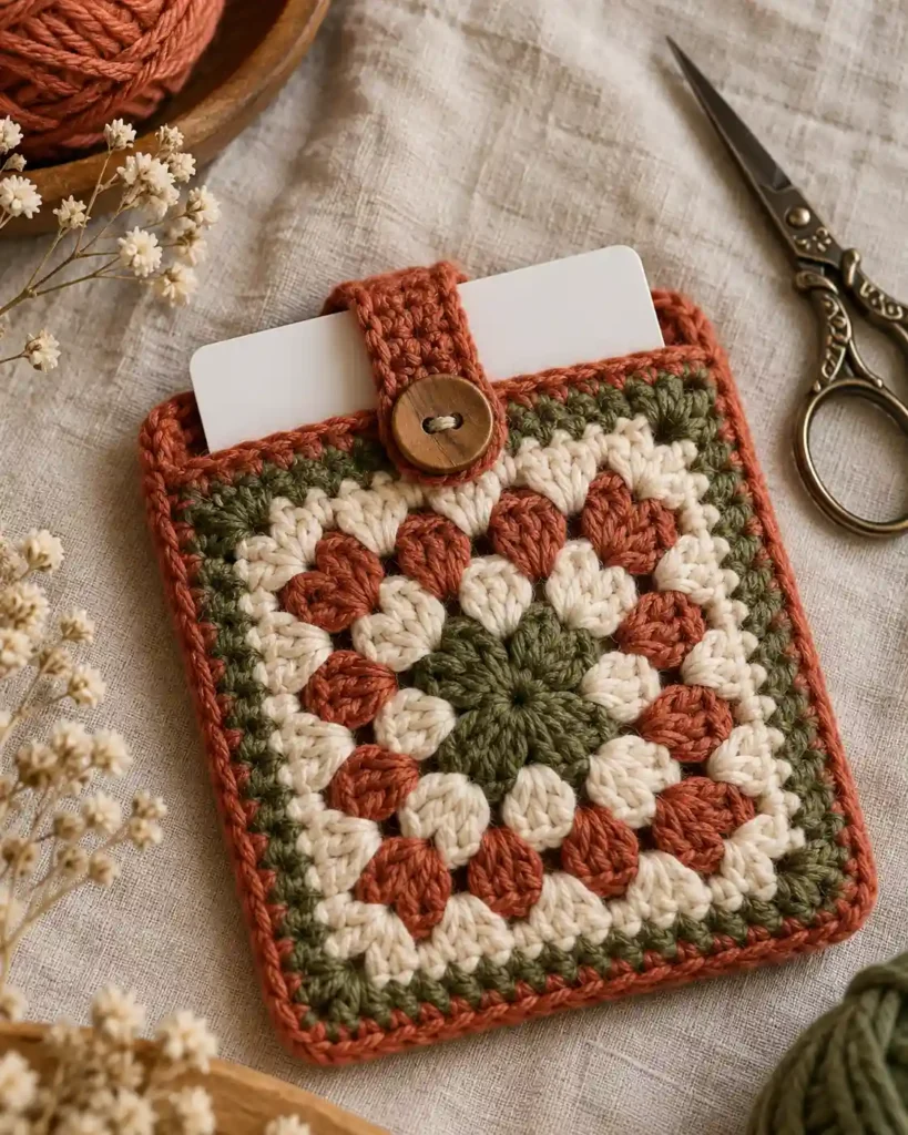 Granny Square Crochet Gift Card Pouch: Two-tone granny-square mini pouch with a card inserted and strong stitch definition