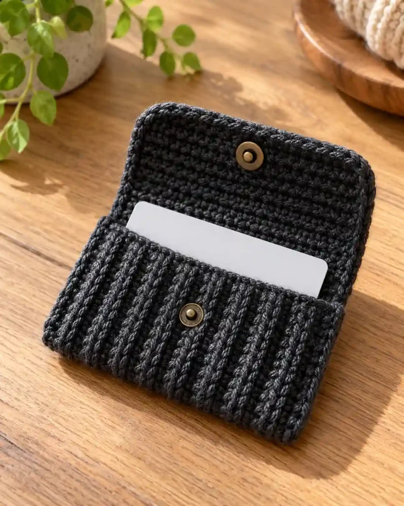 Ribbed Mini-Wallet Gift Card Holder: Charcoal ribbed mini wallet with one unbranded gift card in the front pocket