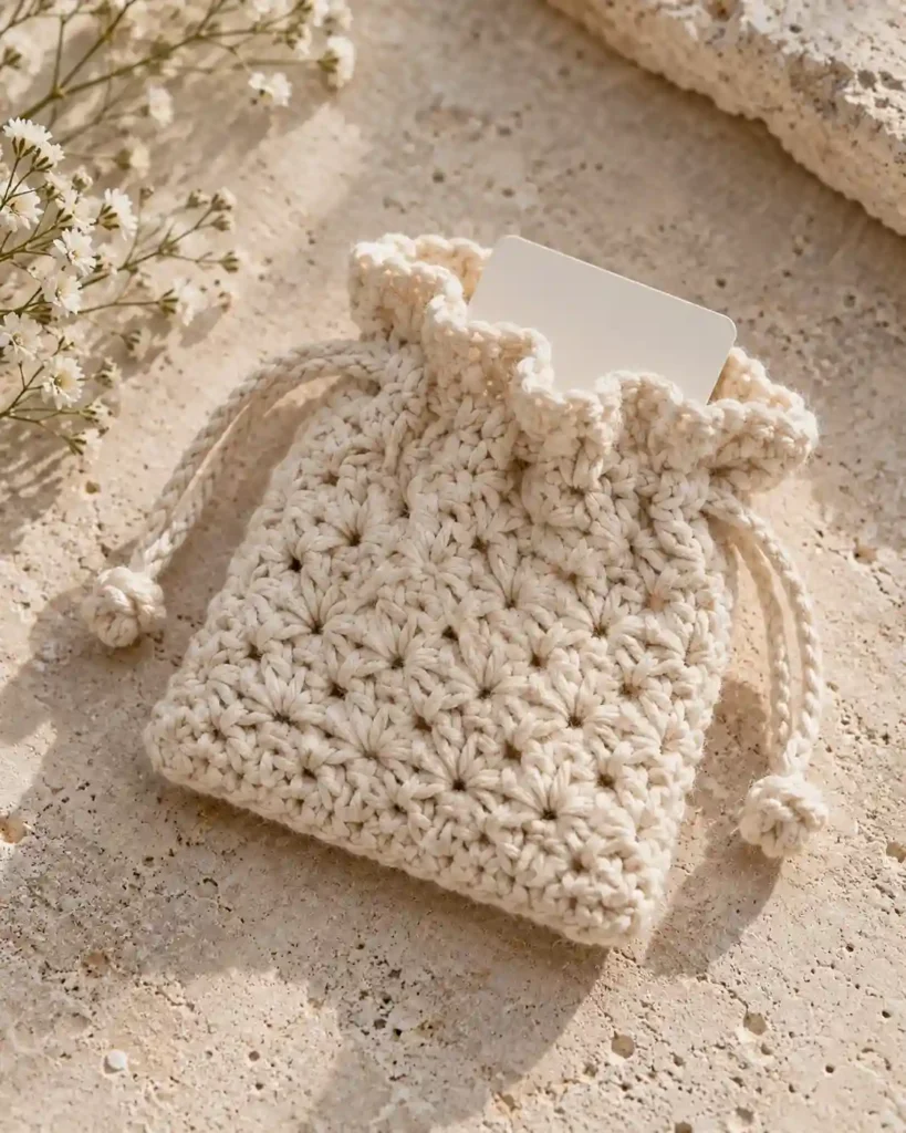 Mini Drawstring Gift Card Bag: Tiny cream drawstring crochet bag with top cinched loosely and card visibly tucked inside