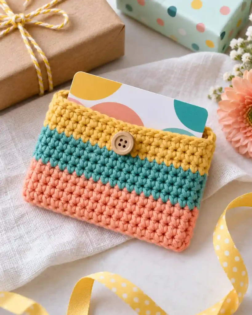 Color-Blocked Gift Card Sleeve: Three horizontal stripes in peach, teal, and ochre across a slim card holder