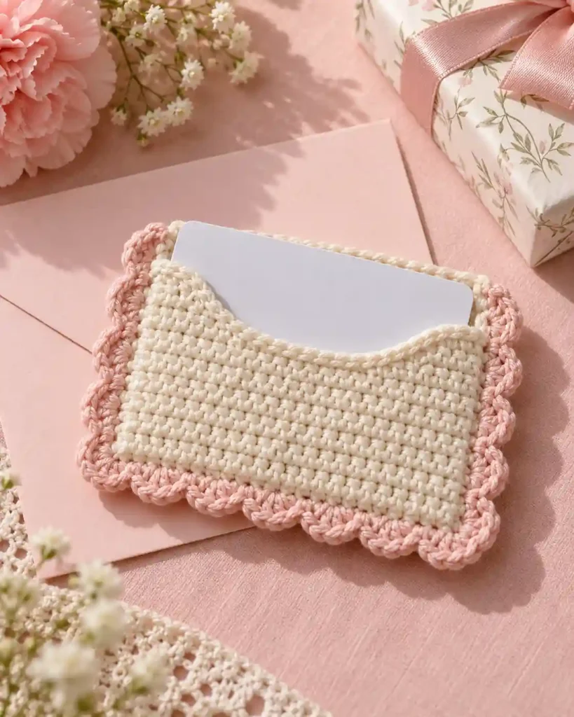 Scalloped-Edge Crochet Card Holder: White pocket with tiny pink scallops tracing the opening and a gift card peeking through