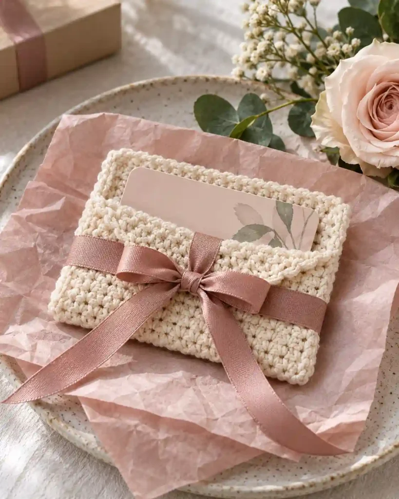 Ribbon-Tied Crochet Gift Card Holder: Ivory crochet card holder secured with a narrow satin-like bow; card edge visible