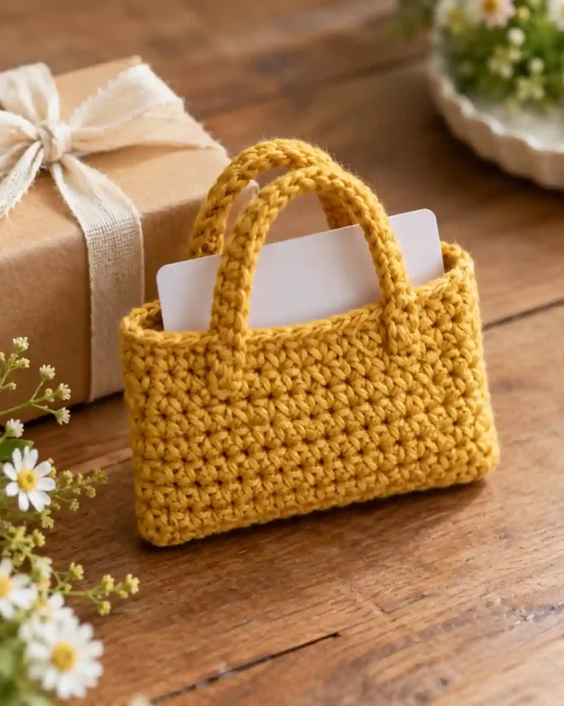 Mini Tote Bag Gift Card Holder: Petite mustard crochet tote with a blank gift card halfway inside and sturdy handles