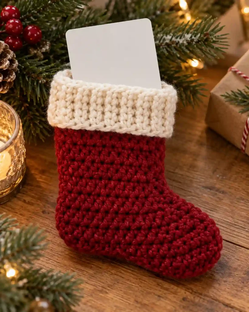 Christmas Stocking Gift Card Holder: Classic red and white tiny crochet stocking containing a gift card