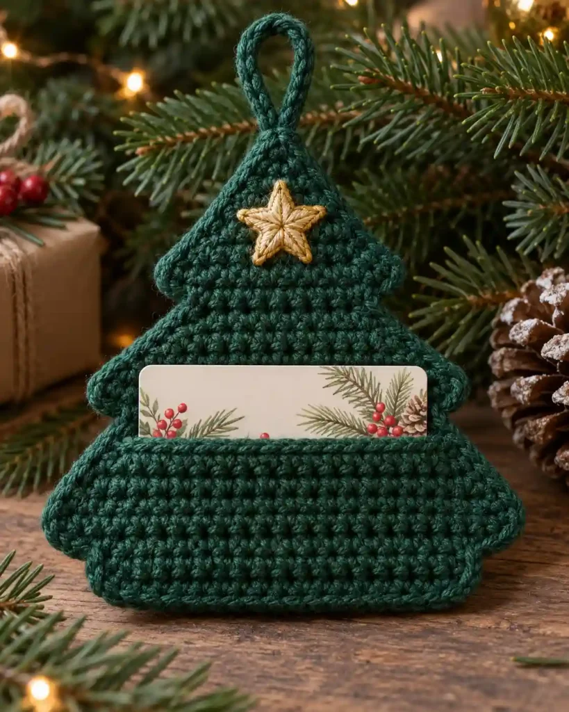 Christmas Tree Ornament Gift Card Holder: Moss-green tree-shaped crochet ornament with card pocket and small loop