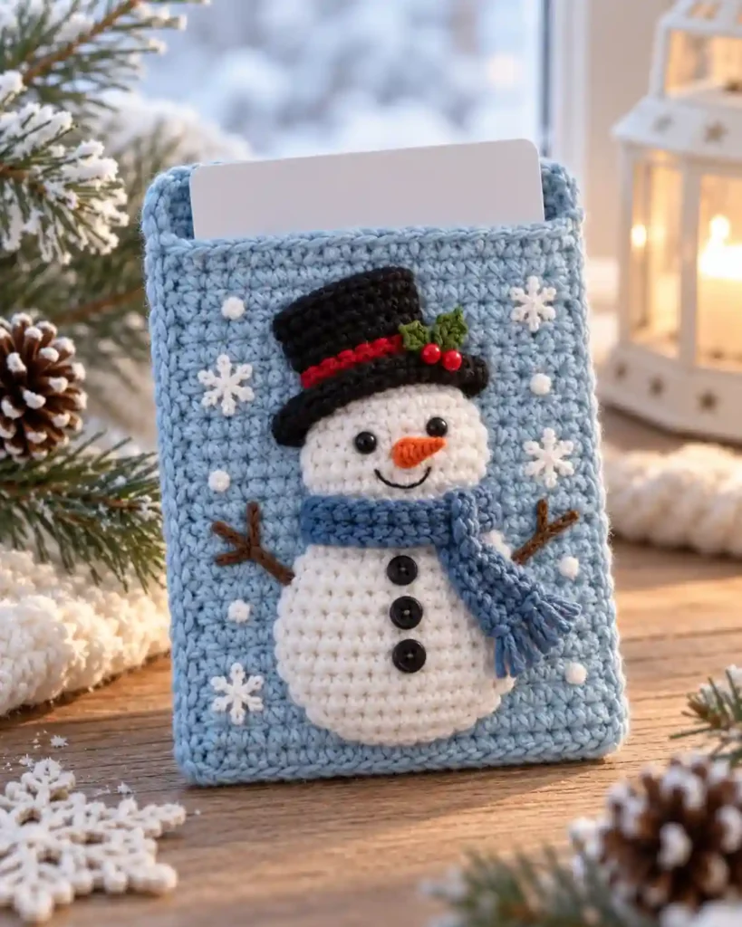 Snowman Gift Card Pocket: Smiling white snowman motif sewn onto a pale-blue card pocket