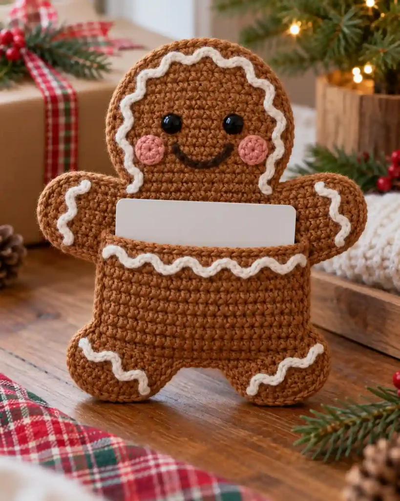 Gingerbread Man Gift Card Holder: Brown gingerbread-person crochet sleeve with cream outline and visible card
