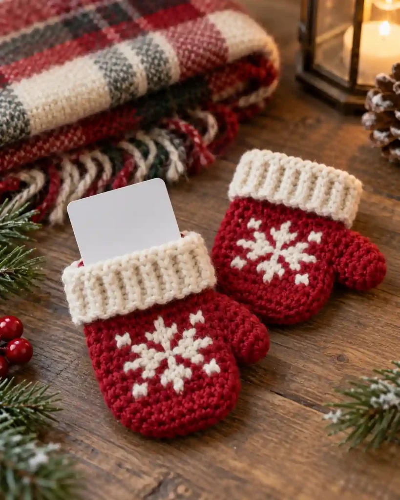 Mini Mitten Gift Card Holder: Pair of tiny red and cream mittens; one holds a gift card at the cuff