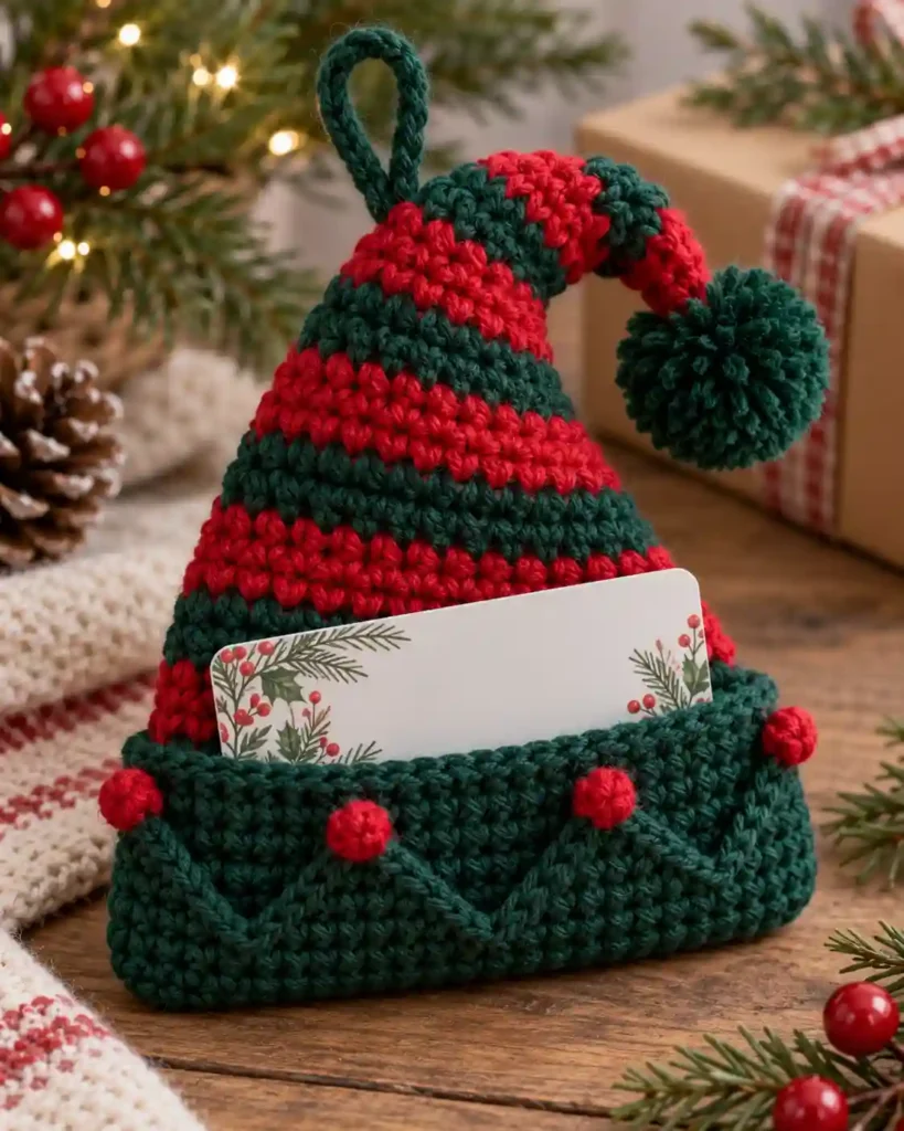 Elf Hat Gift Card Ornament: Striped green and red elf hat with flat card compartment and a hanging cord