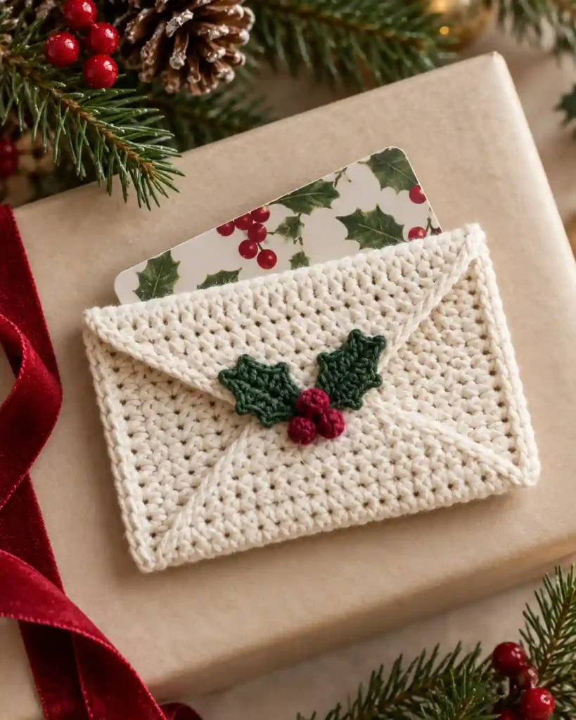 Holly-Trim Christmas Envelope: Cream crochet envelope with green holly leaves and stitched red berries near flap