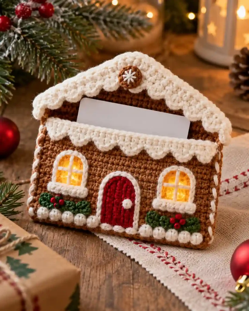 Gingerbread House Gift Card Pouch: Tiny cocoa-brown crochet gingerbread house with cream snow roof and an open card pocket