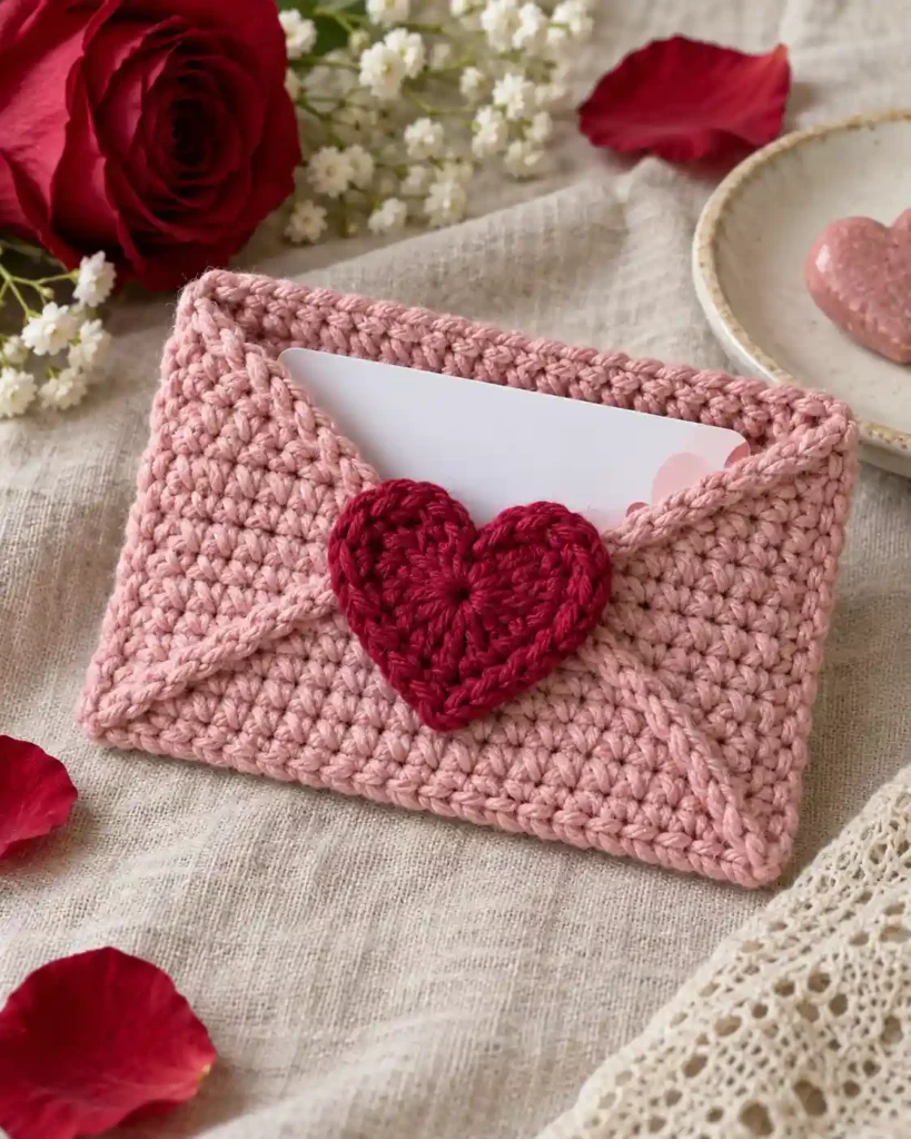 Valentine Heart Gift Card Holder: Rose-red crochet heart applique on blush envelope, neutral gift card showing
