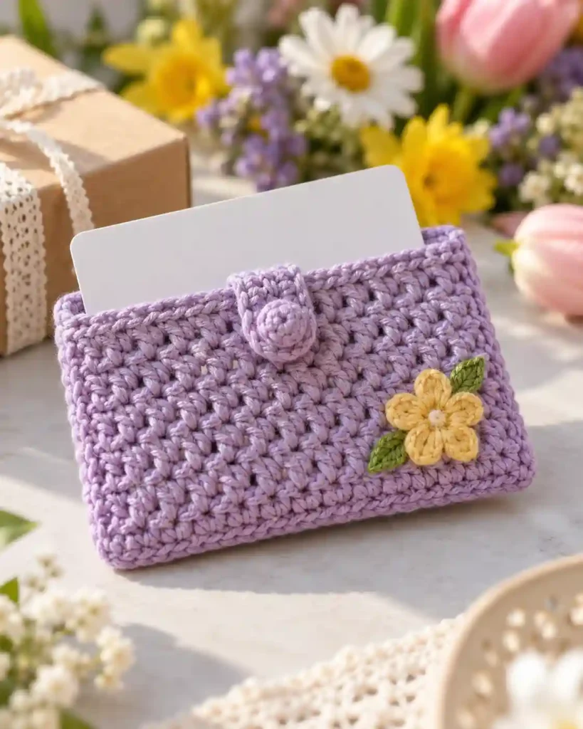 Floral Appliqué Gift Card Sleeve: Lavender card sleeve with a sunflower-inspired small stitched flower at the corner