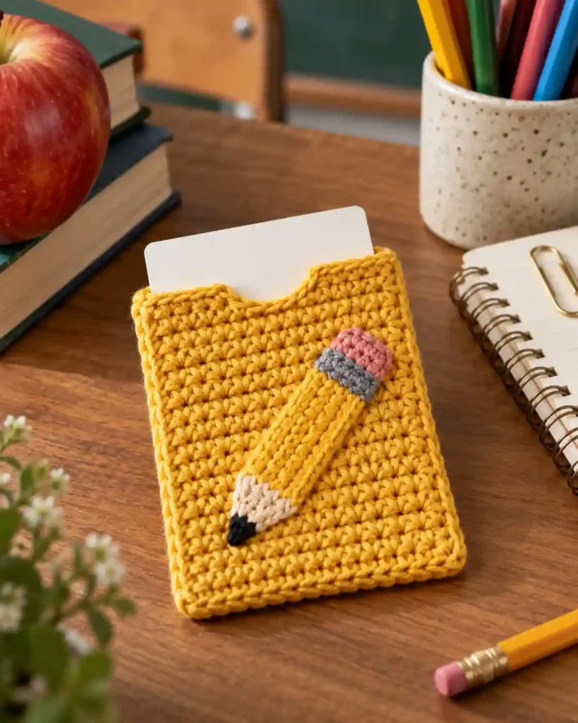 Birthday Cupcake Gift Card Pocket: Cupcake-shaped crochet card pouch with frosting-colored stitches and a card inserted