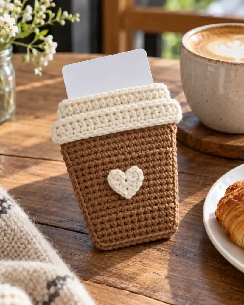 Coffee Cup Gift Card Cozy: Flat coffee-cup silhouette card pouch with cream rim and mini stitched heart