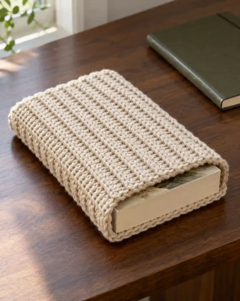 Oatmeal ribbed crochet book sleeve protecting a paperback on a wooden desk.