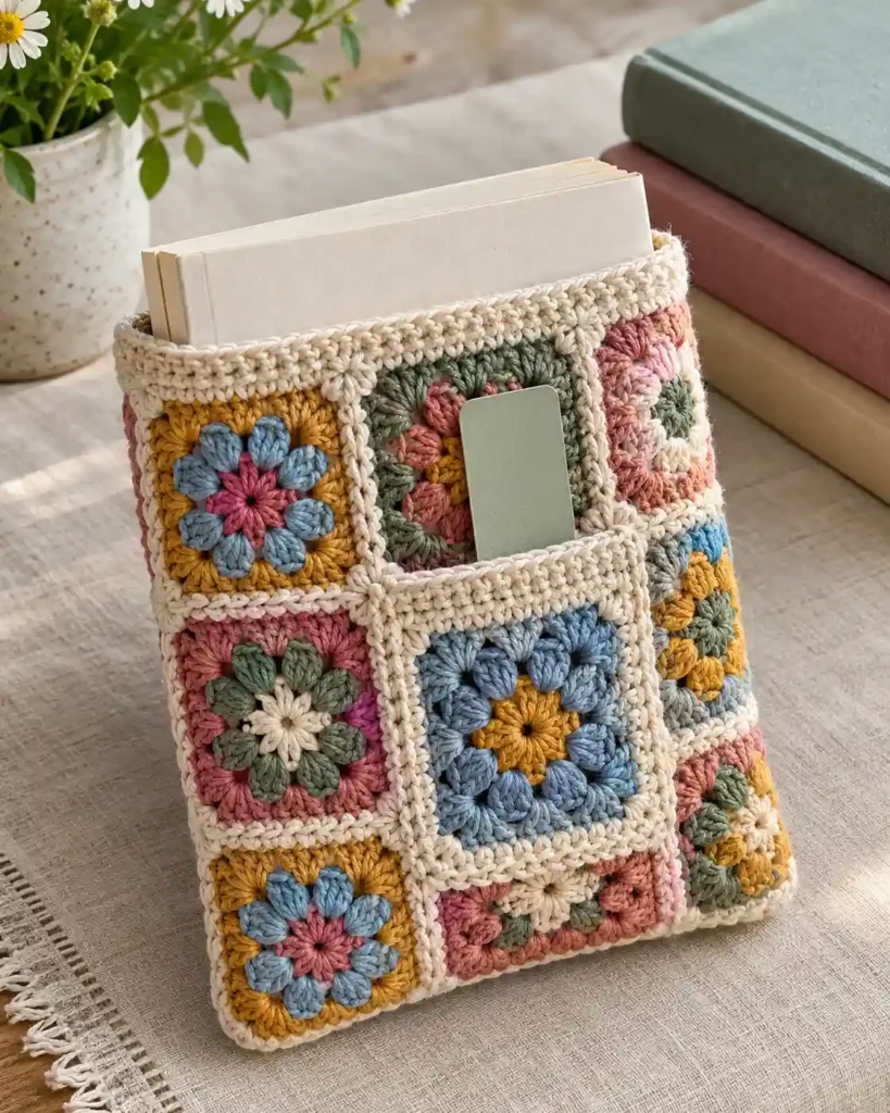 Granny-square crochet book sleeve with front pocket and visible joined-square stitching.