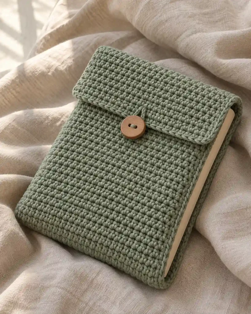 Olive crochet book cover with detachable shoulder strap and reinforced loops.