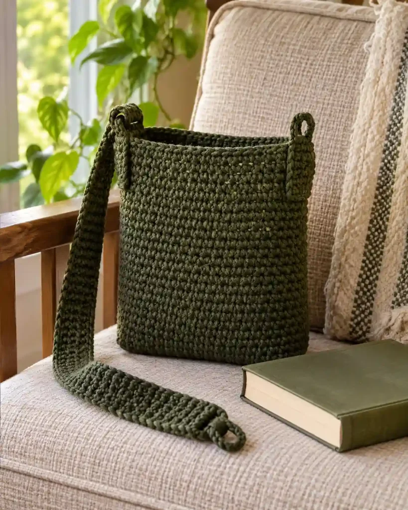 Sage button-flap crochet book pouch with a wooden button and neatly finished edges.