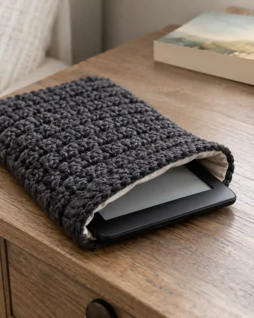 Charcoal crochet e-reader sleeve with soft lining and an unbranded e-reader.