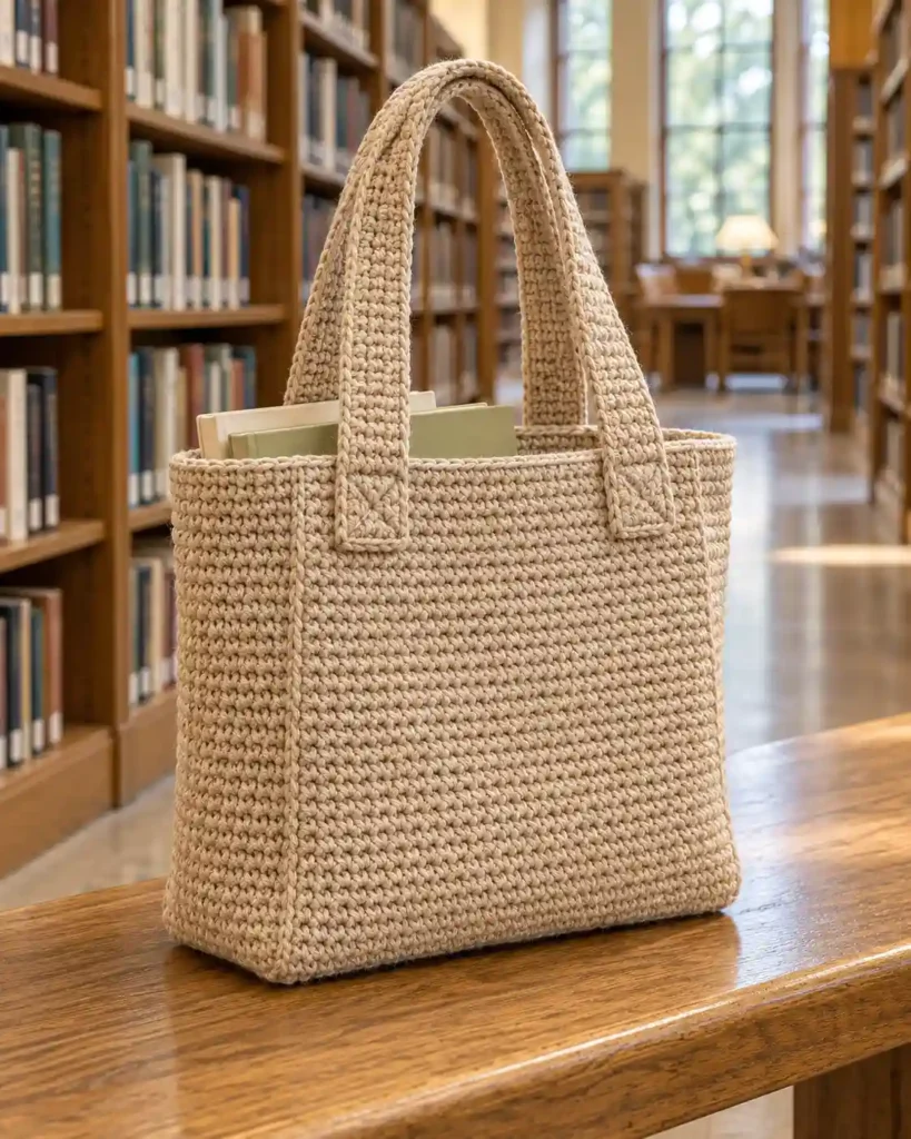 Sand-colored crochet book tote with reinforced handles holding two paperbacks.