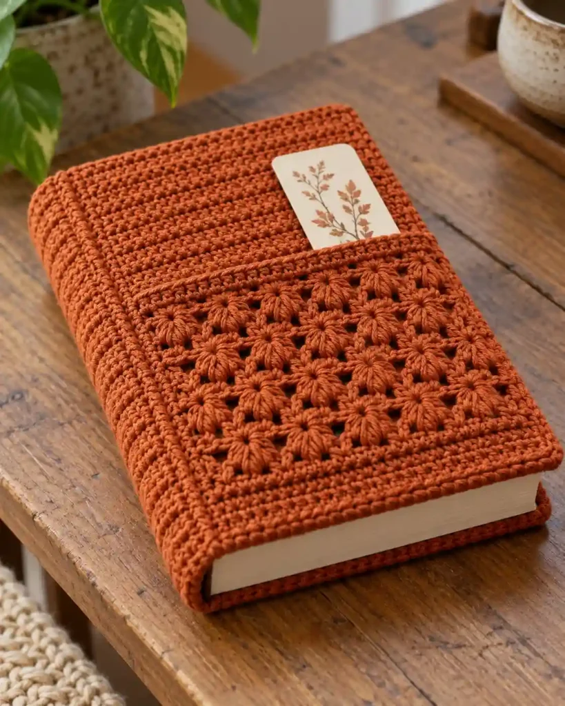 Charcoal and burgundy plaid crochet book sleeve styled with old-fashioned books.