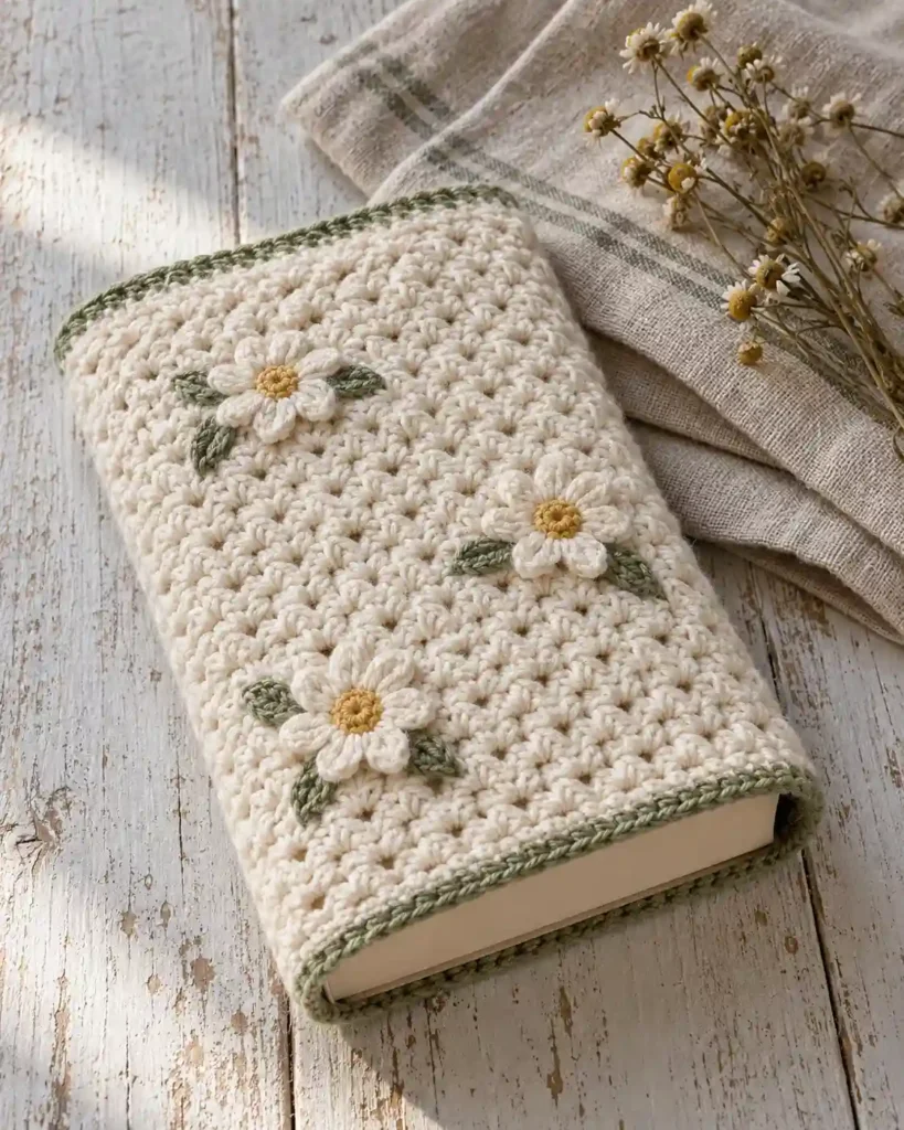 Ivory floral crochet book sleeve with flat daisy motifs and sage trim.