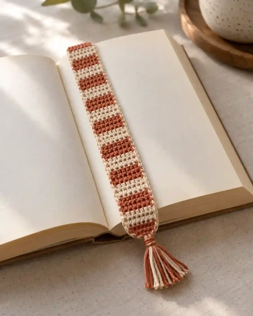 Thin striped crochet bookmark across the pages of an open paperback.