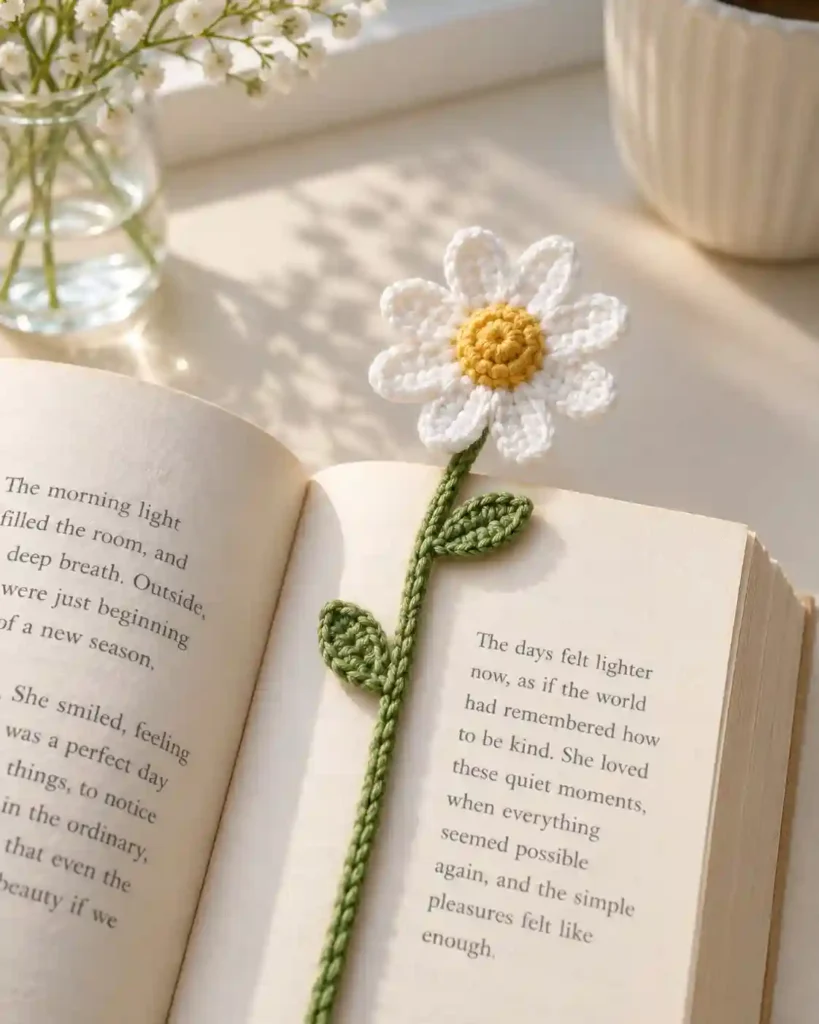 Flat daisy crochet bookmark with green stem marking a paperback page.