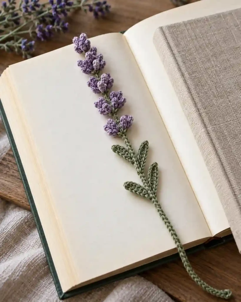 Purple lavender-stem crochet bookmark resting on open book pages.