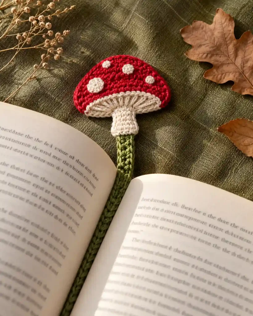 Crochet mushroom bookmark with a slim green stem marking a book.