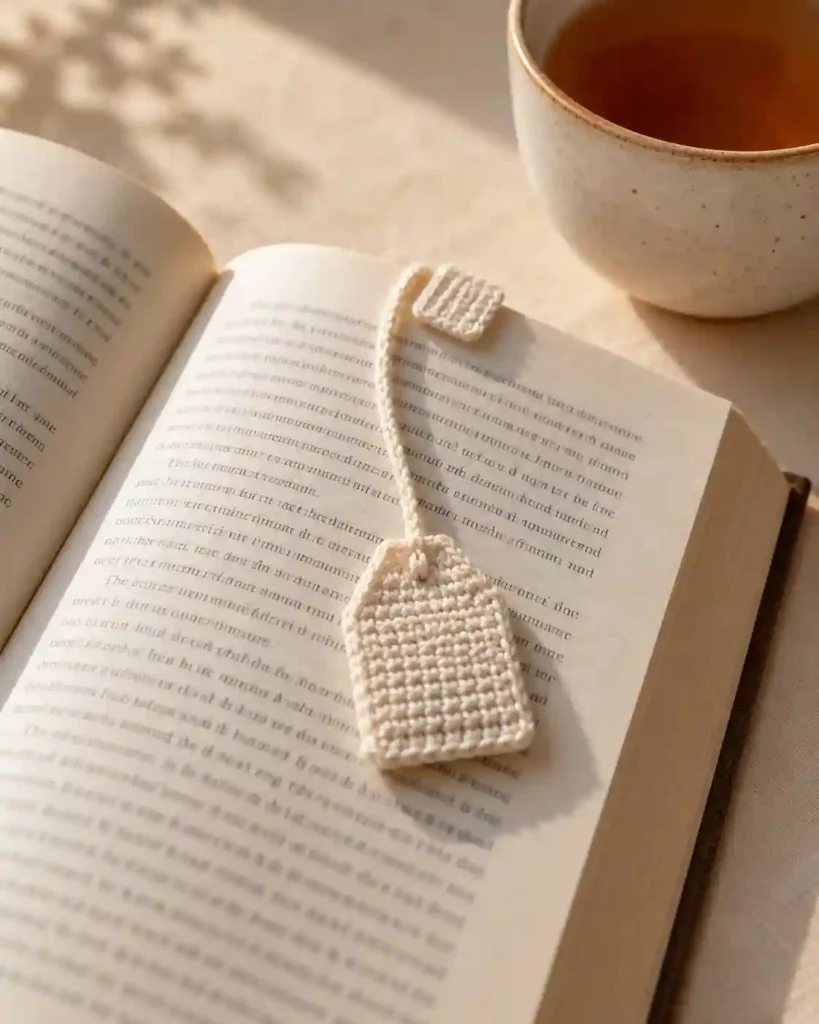 Tiny decorative crochet tea-bag bookmark hanging over a novel beside a cup.