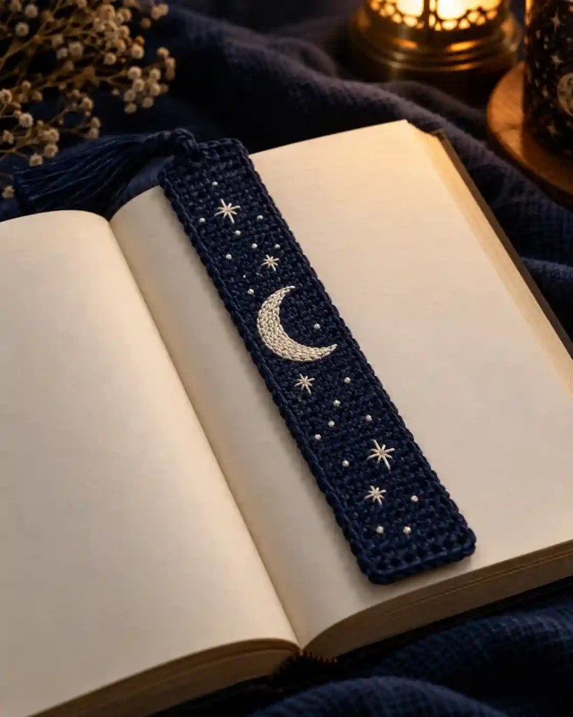 Midnight blue crochet bookmark with a crescent moon and star details.