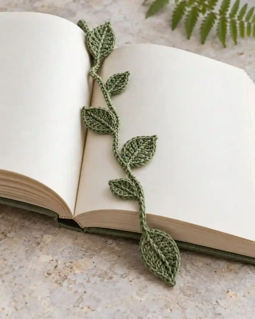 Sage-green crochet leaf and vine bookmark tucked into an open book.