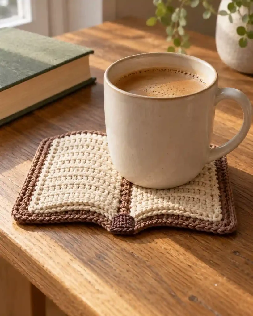 Open-book-shaped cotton crochet coaster supporting a ceramic mug.