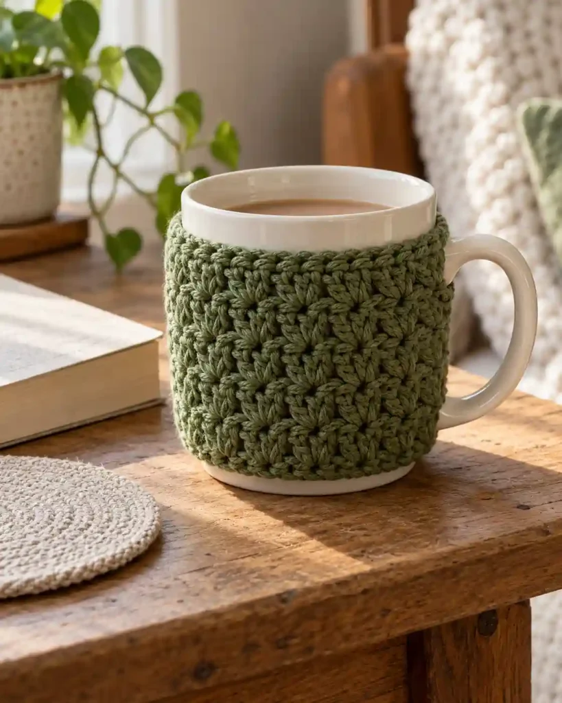 Moss-green crochet mug cozy around a cup beside a paperback.