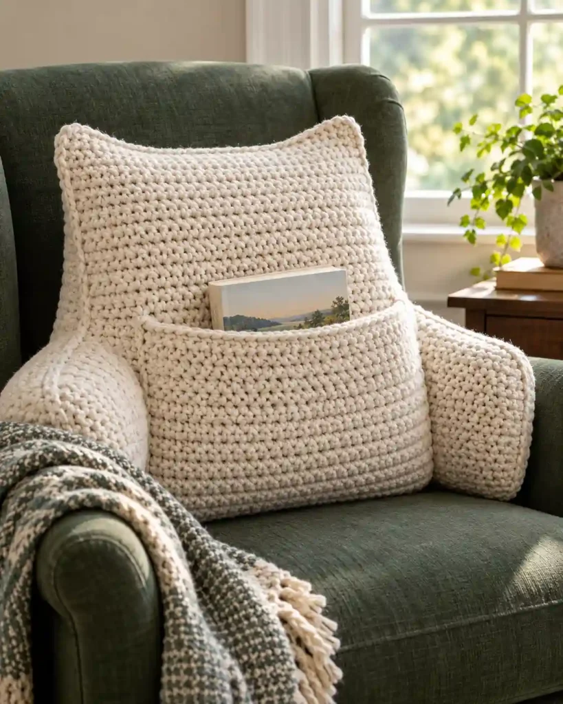 Cream crochet reading pillow with a front pocket holding a book.