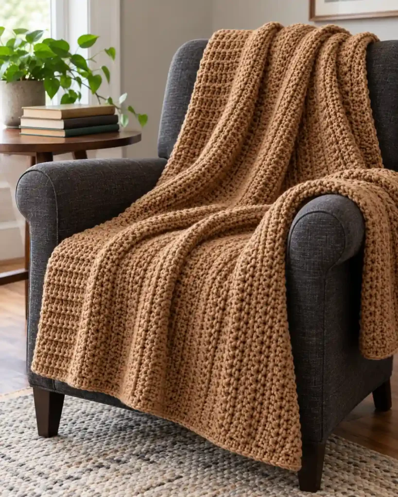 Caramel textured crochet lap blanket draped over a reading chair.