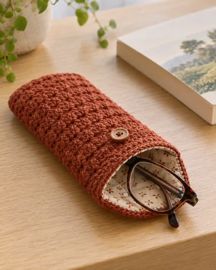 Rust crochet eyeglasses pouch with soft lining and reading glasses.