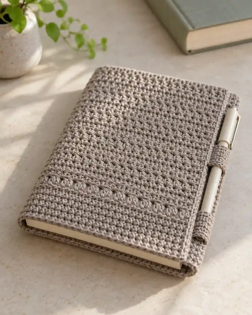Warm-gray crochet reading journal cover with a simple pen loop.