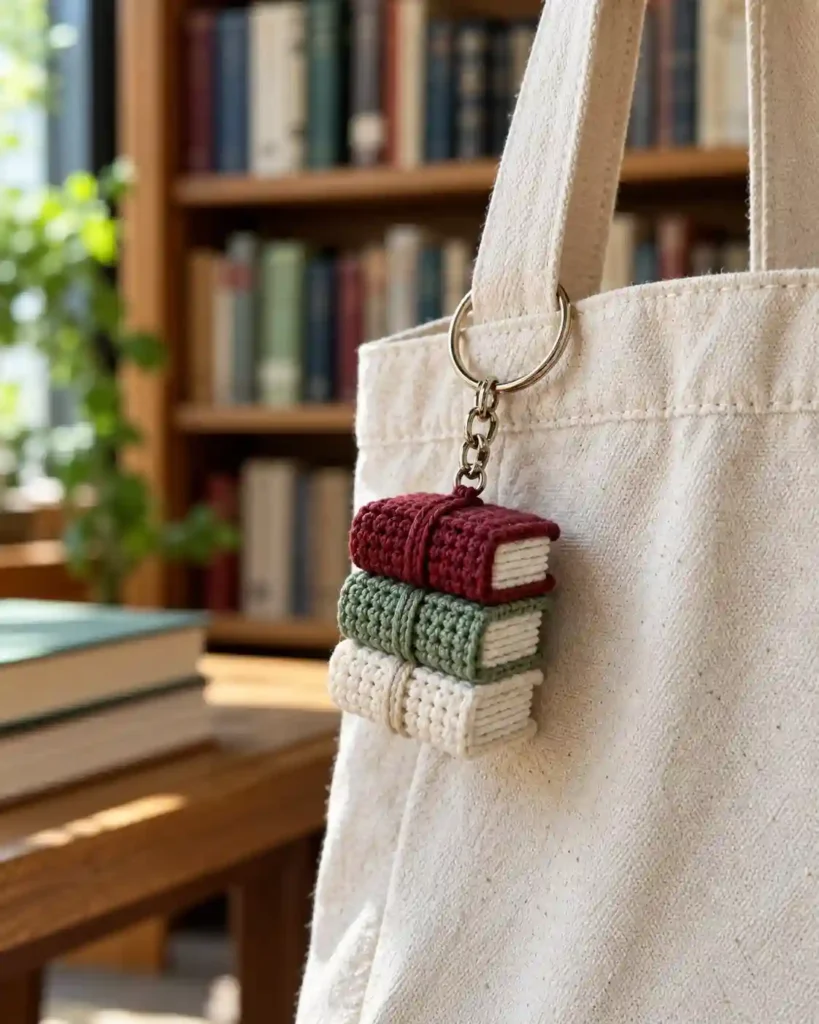 Mini crochet book stack keychain attached to a plain canvas bag.