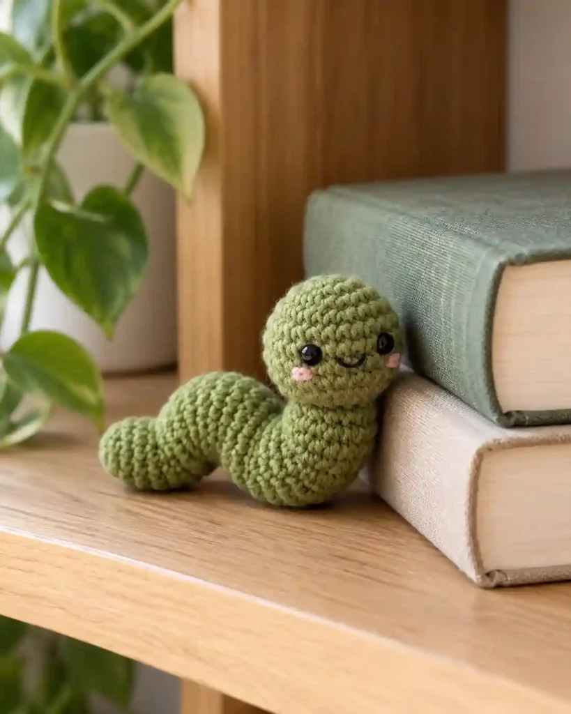 Small green crochet bookworm amigurumi decoration next to novels.