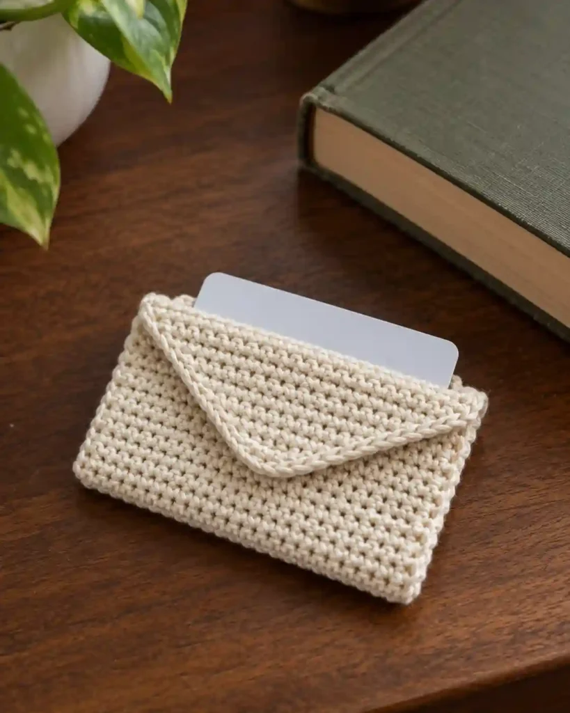 Cream crochet library-card holder with a blank card partially inserted.