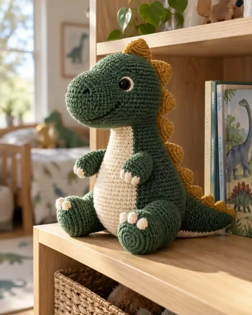 Forest-green crocheted dinosaur plush with cream belly and soft spikes on a child's bookshelf.