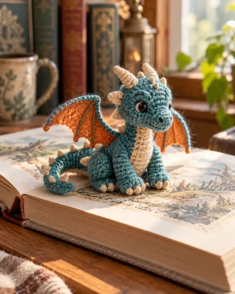 Small teal crochet dragon with orange wings and curled tail sitting on an open storybook.