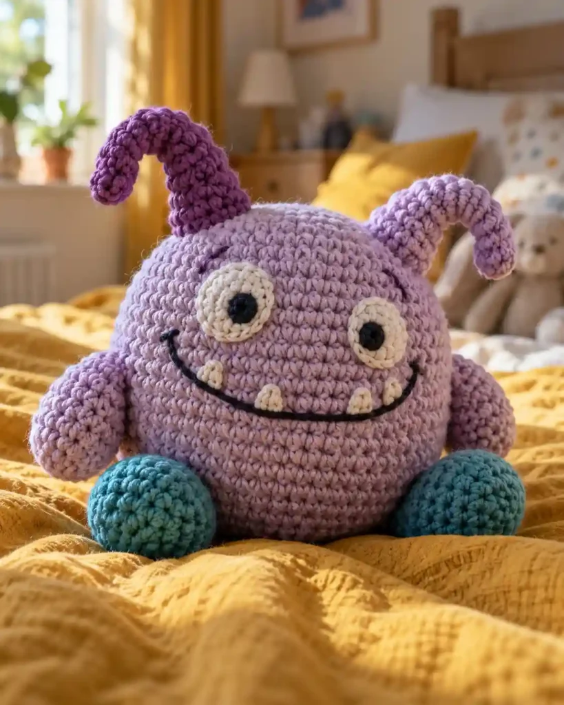 Friendly lavender crochet monster with floppy horns and stitched smile on a bed.