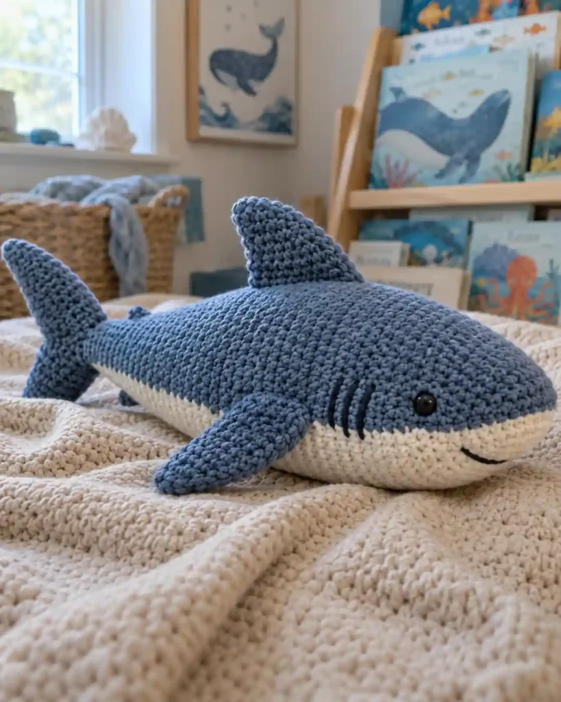 Blue and cream crochet shark plush with stitched face lying on a textured throw.